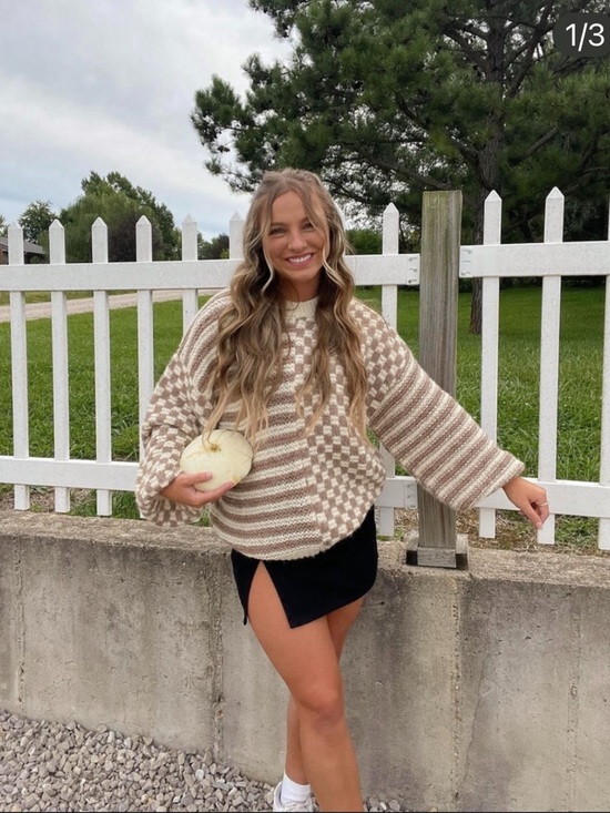 Altar'd State Sweaters - Altar'd State Cream and Taupe Checkerboard & Stripe Crew Sweater